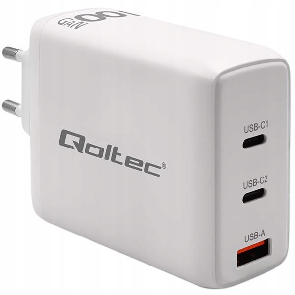 Qoltec Síťová nabíječka 100 W GaN 5-20 V 1.5-5 A 2 x Usb-c Pd 1 x U