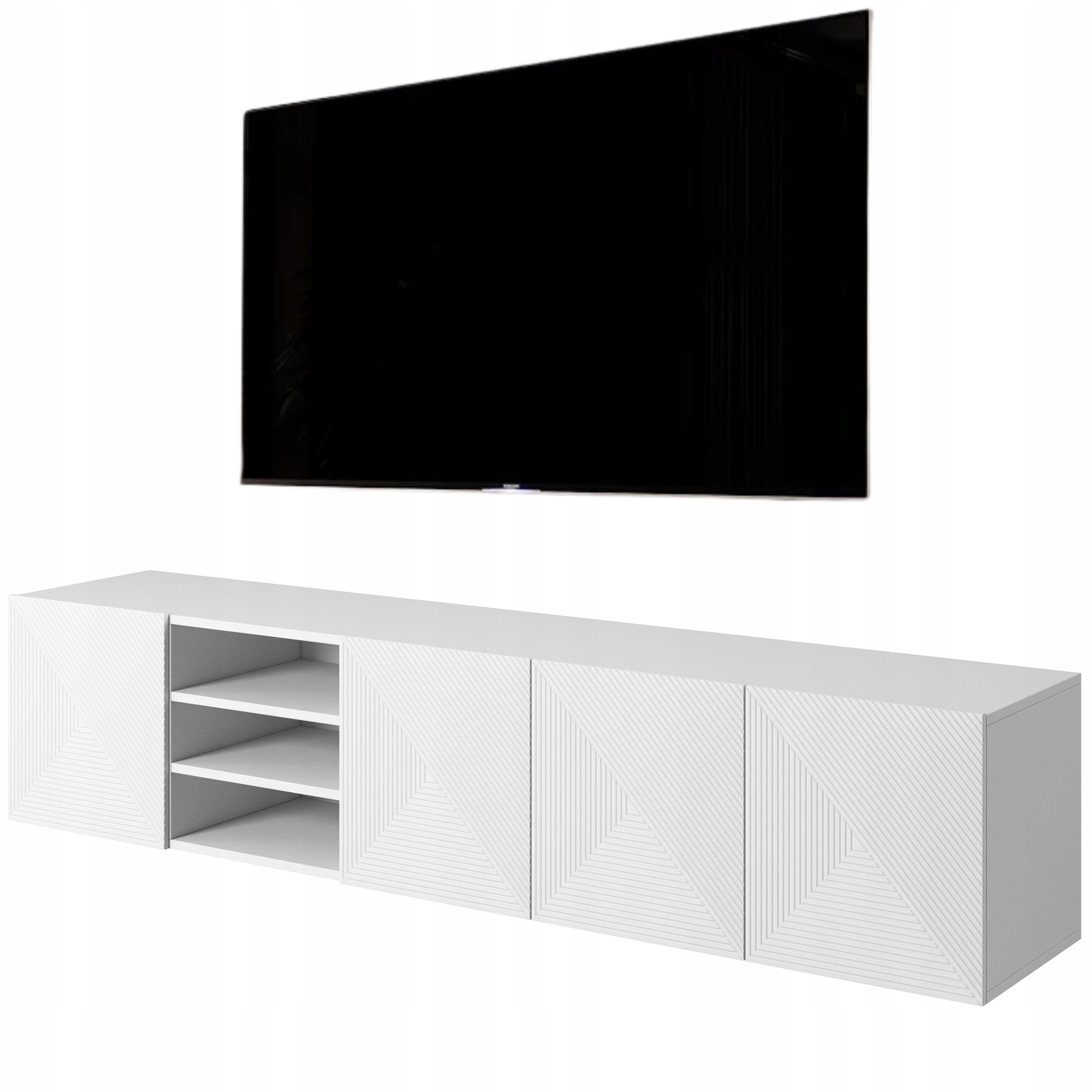 WISZĄCA SZAFKA RTV BIAŁA MAT do salonu 200 cm Stolik pod TV RYFLOWANA ASHA