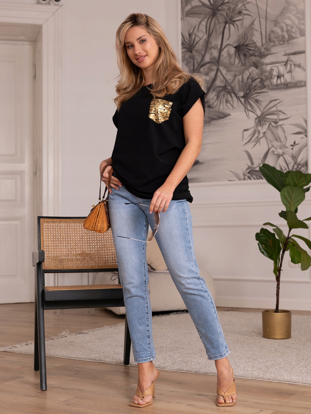 BAWEŁNIANA BLUZKA DAMSKA T-SHIRT PODKOSZULKA Kolor czarny