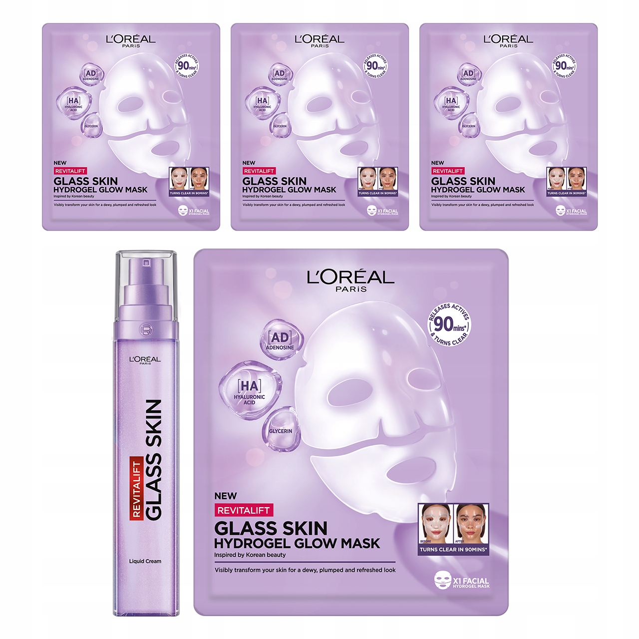 Zestaw L'Oréal Revitalift Filler Glass Skin Krem do Twarzy 4x Maseczka
