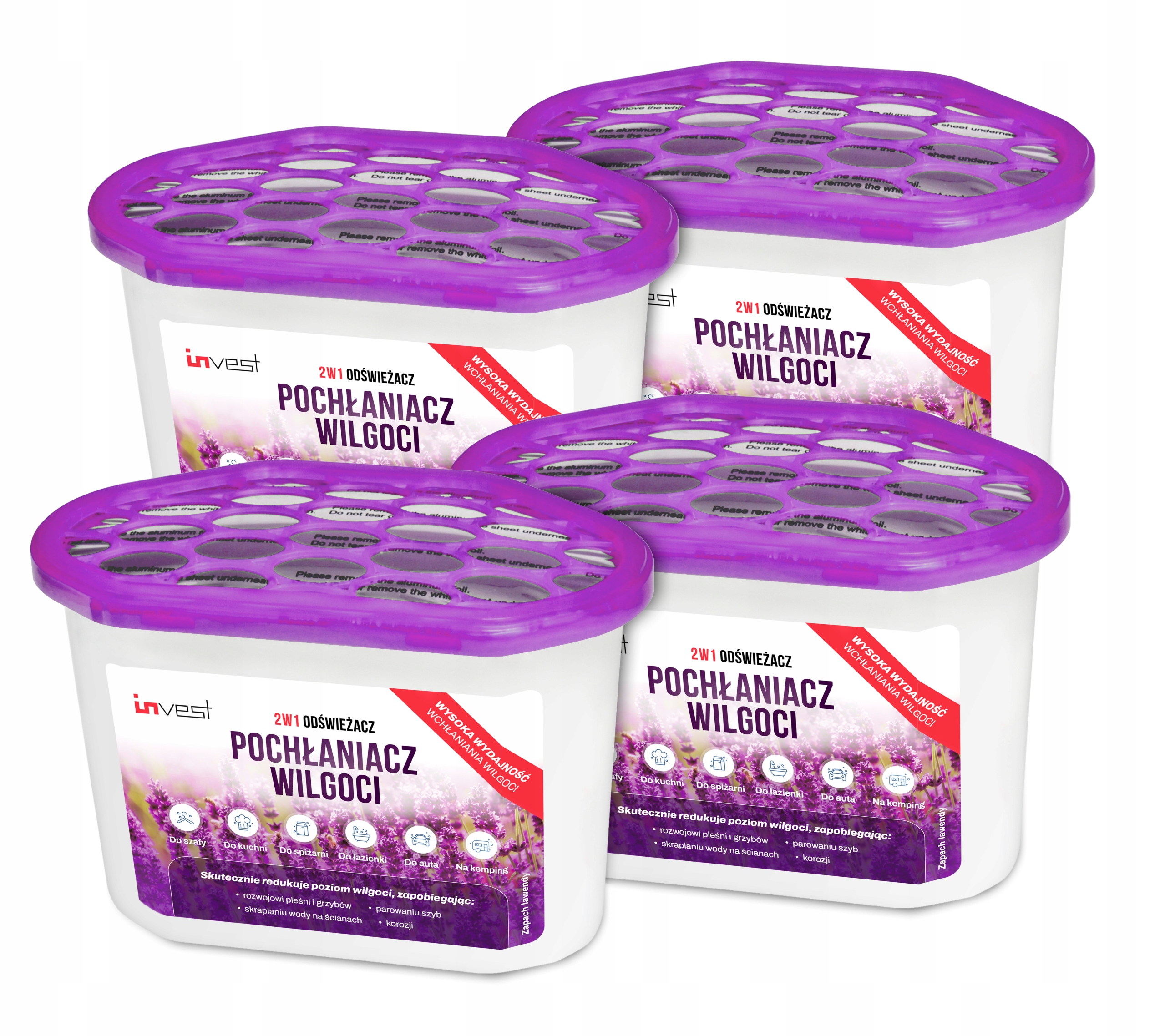 4X POCHŁANIACZ WILGOCI OSUSZACZ POWIETRZA INVEST 230g ZAPACH LAWENDOWY