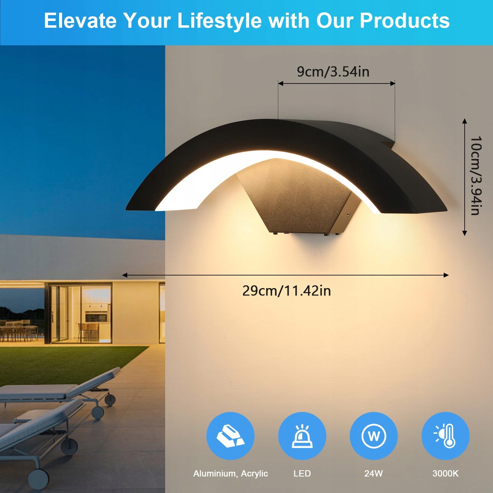DAXGD LED Wandleuchte Zewnętrzna 24W IP65 Czarna Nowoczesna 3000K — miniatura 4