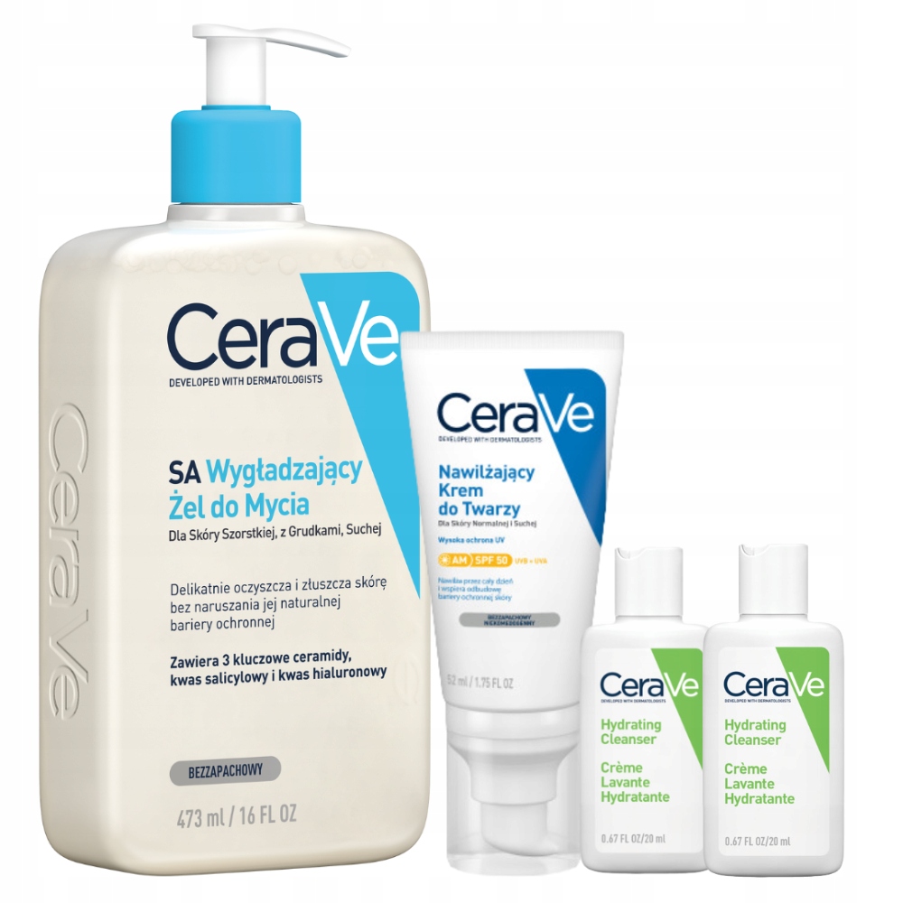 CeraVe Zestaw Nawilżający Krem Twarz Spf 50 52ml, Żel Wygładzający 473ml