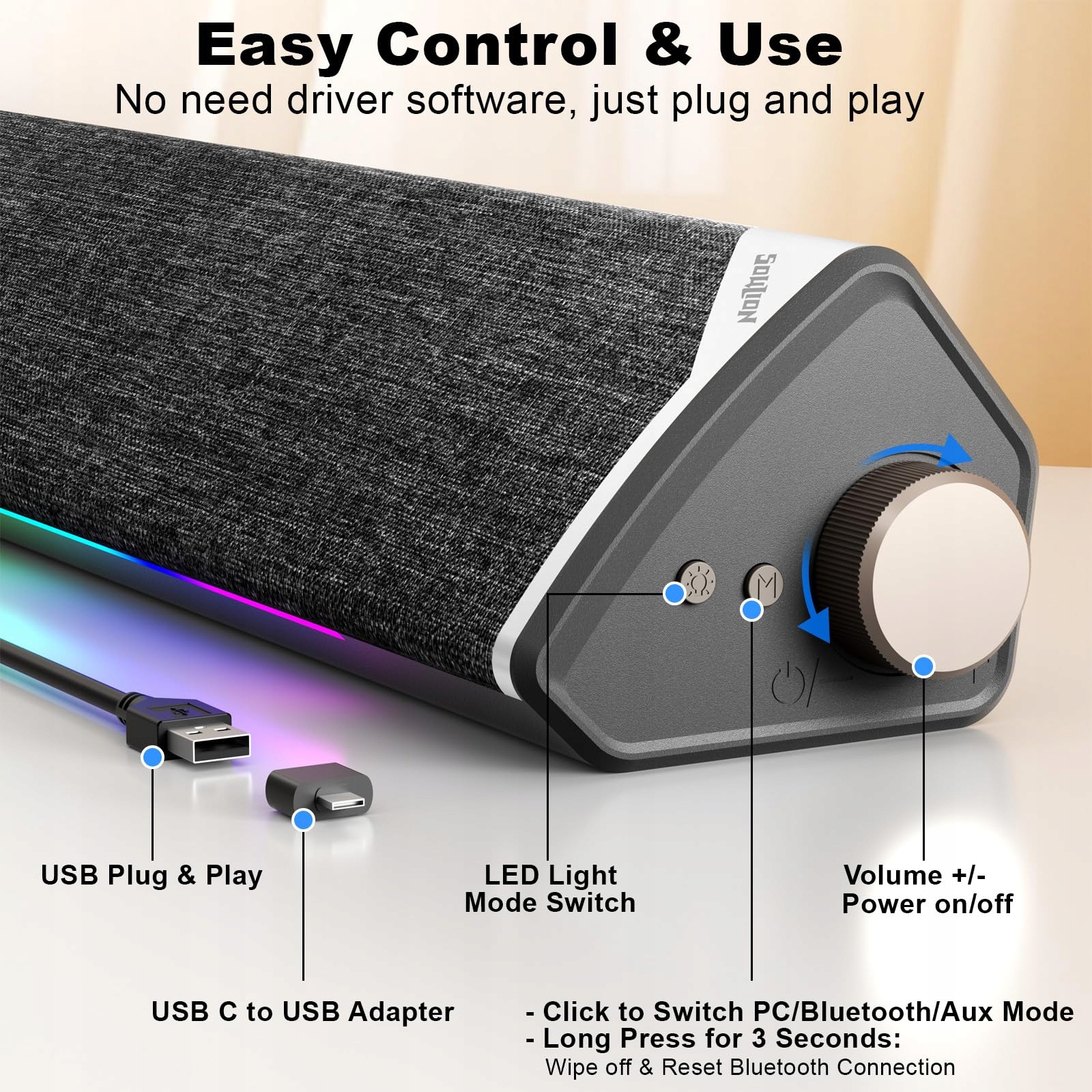 SOULION R60 Głośniki PC USB Bluetooth Soundbar LED Do Laptopa Gamingu — miniatura 3