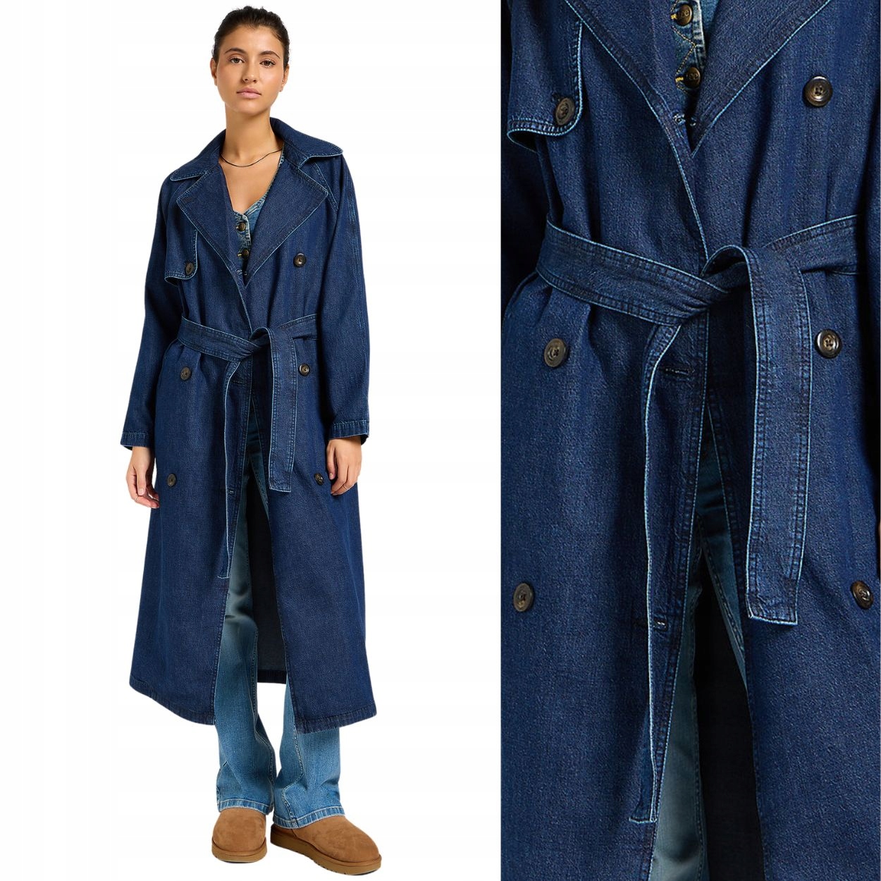 Lee Denim Trench Coat Home Bound dlouhý džínový dámský dvouřadý kabát M