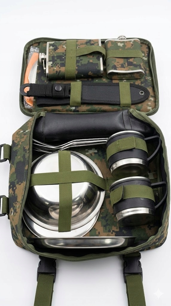 Turistická sada Survival Camo 10v1 s Menážkou, nožem a 2 prsíčky