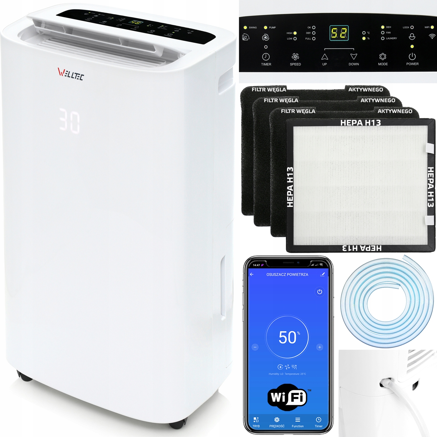 Odvlhčovač Vzduchu Welltec DHN20 3v1 do 40m² 20l/24h WiFi Hepa H13 Čerpadlo