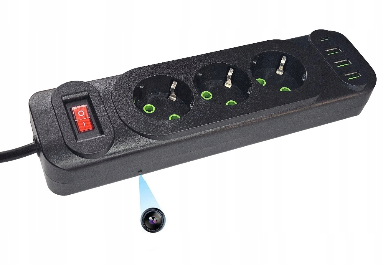 Prodlužovací Zásuvková Lišta Skrytá Kamera 3 Zásuvky 3xUSB 1xTYP C Wifi