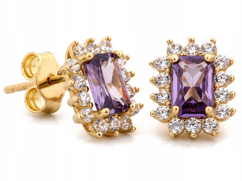 Náušnice ze zlata 585, obdélníkové markýzy s fialovým kamenem na tyči