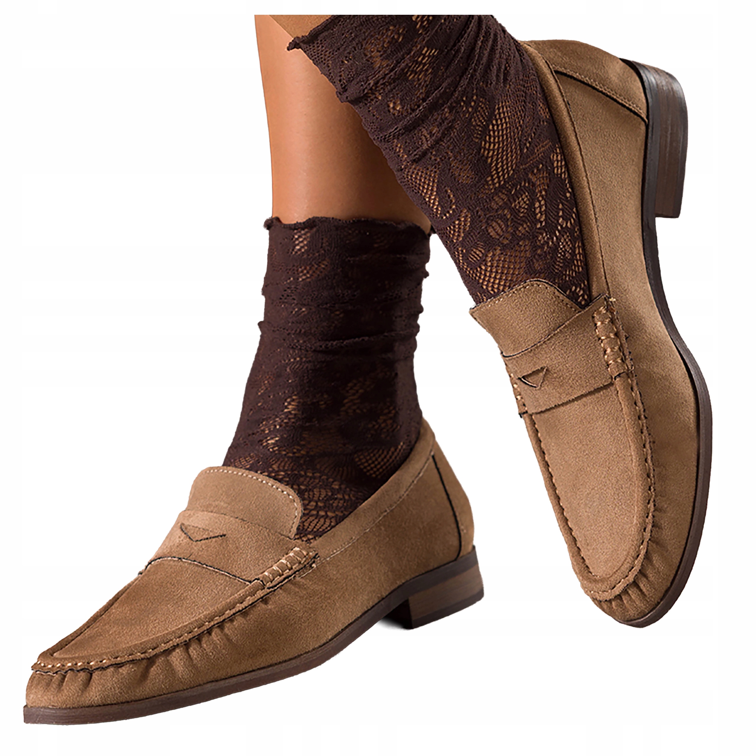 Tmavě béžové dámské Mokasíny Modné Semišové s plochými prošitími, velikost 40