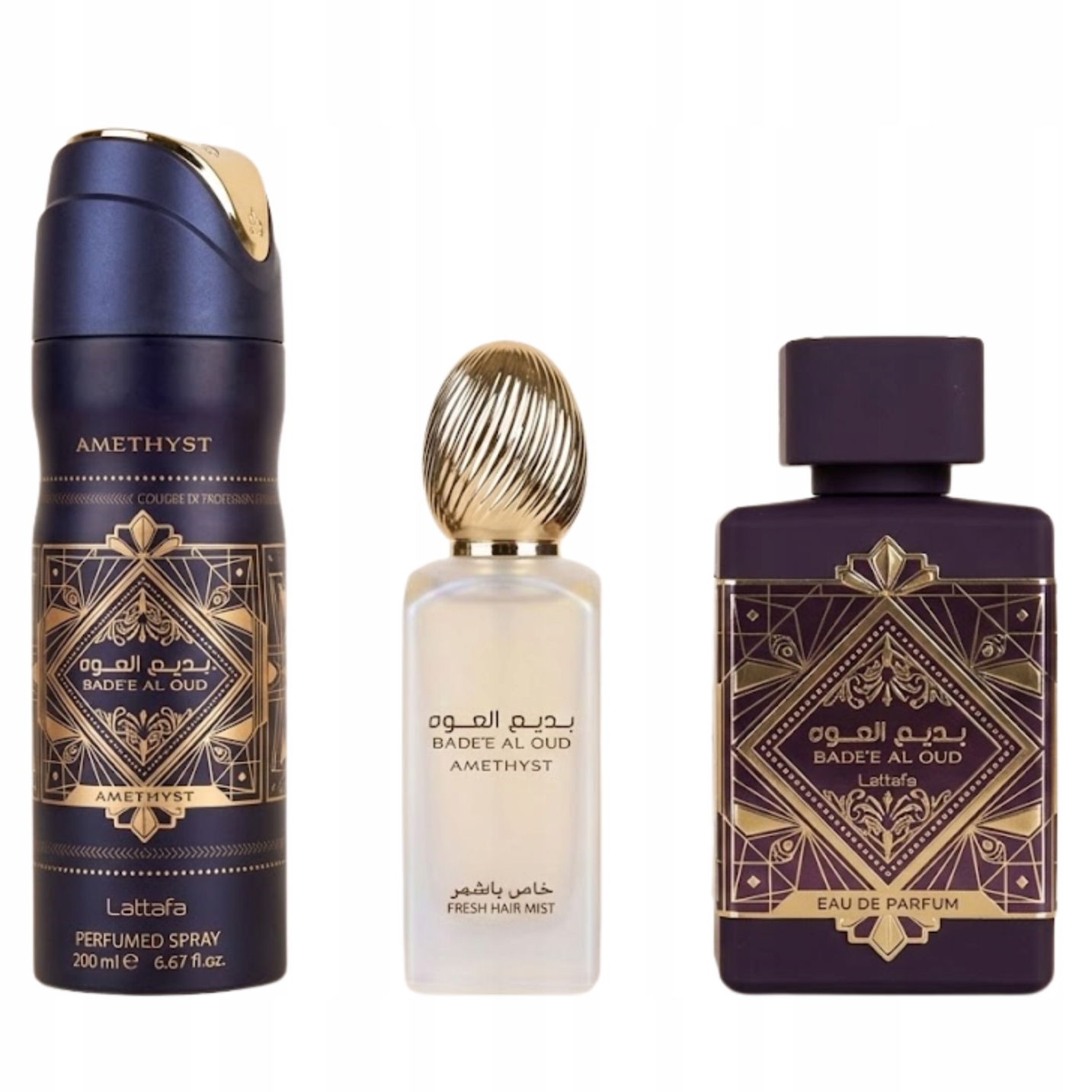 Zestaw Lattafa Badee Al Oud Amethyst 100ML 200ML Deo 50ML Mgiełka Do Włosów