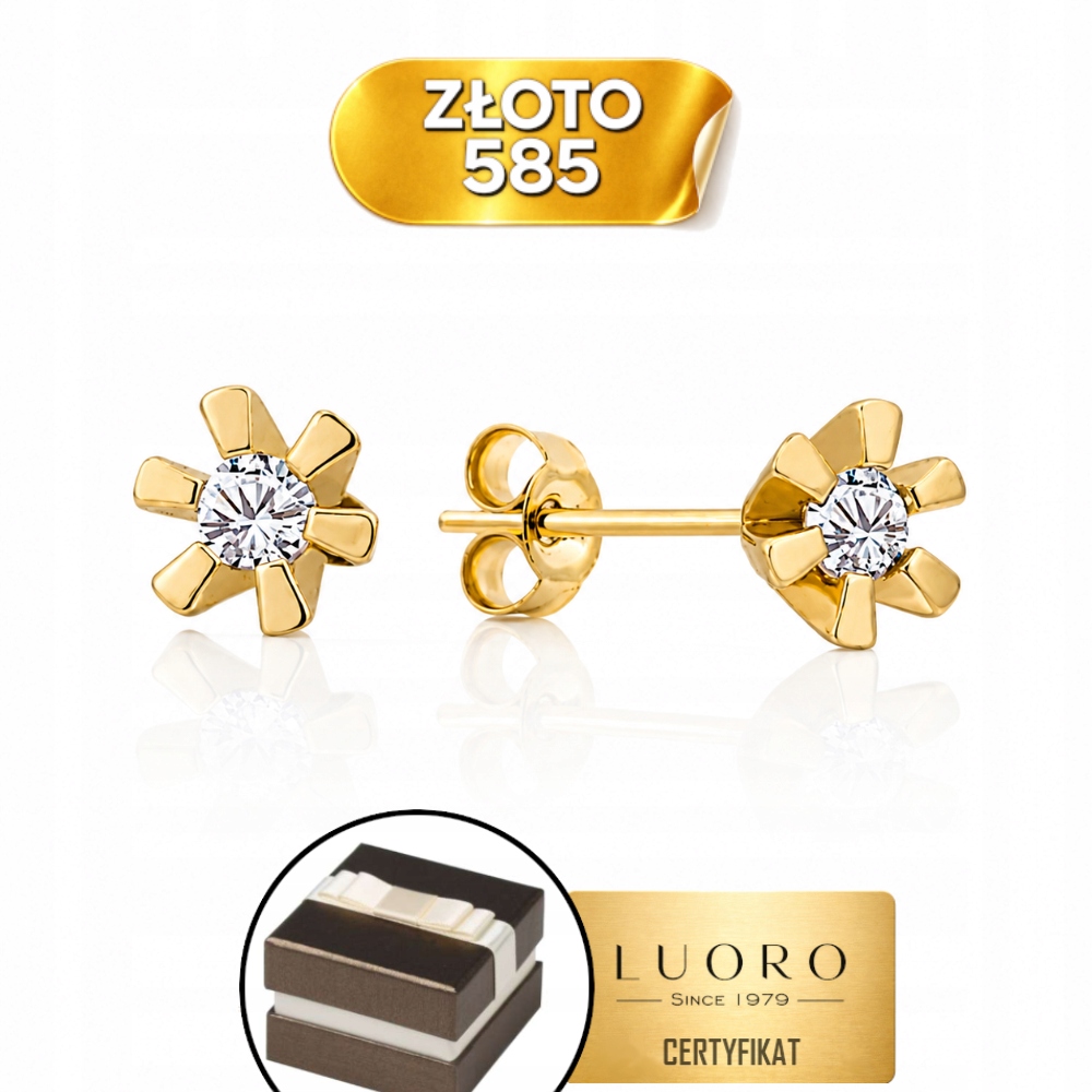Náušnice Zlaté 585 14K Květina Se Zirkonem Tyčinka 5 MM Elegantní