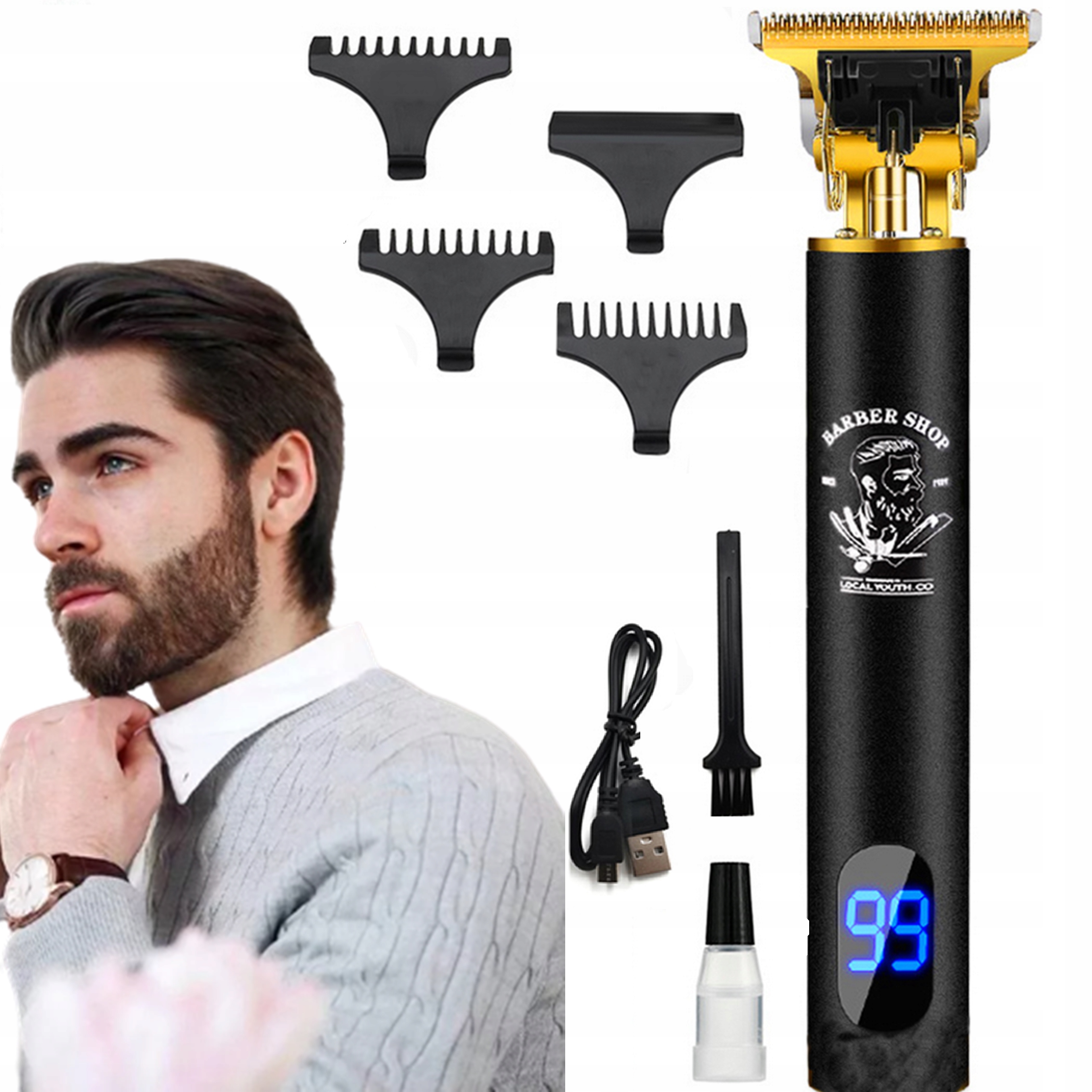 MASZYNKA DO GOLENIA BRODY WŁOSÓW GŁOWY STRZYŻENIA TRYMER LED Z NASADKAMI