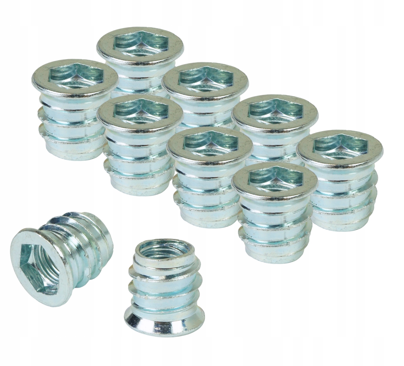 100 x Nátrubek M10 x16 dvouzávitová šroubovací s přírubou, vrut do dřeva