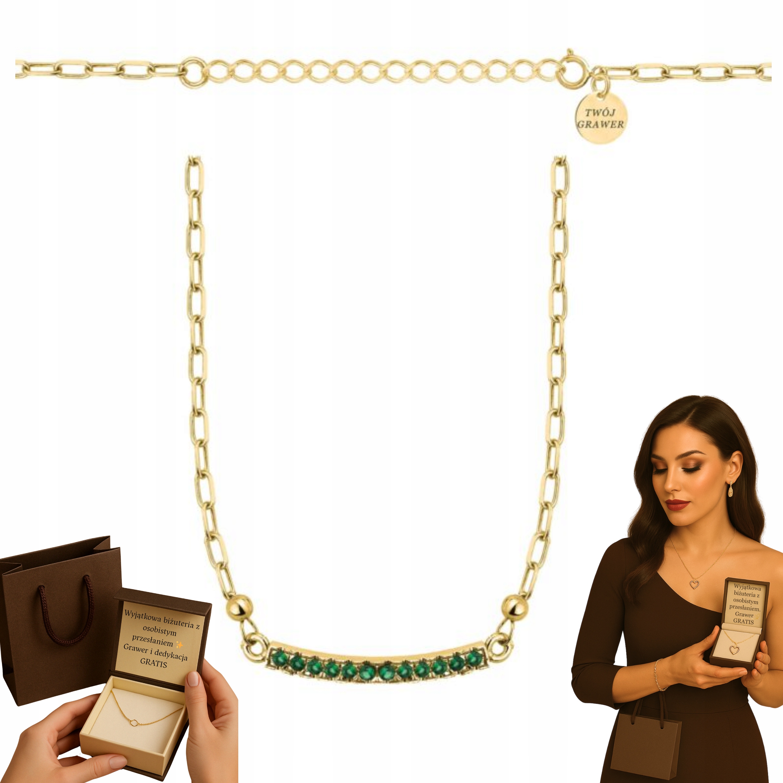 Řetízek náhrdelník ze zeleného zlata 925 585 Ankier Zirkony