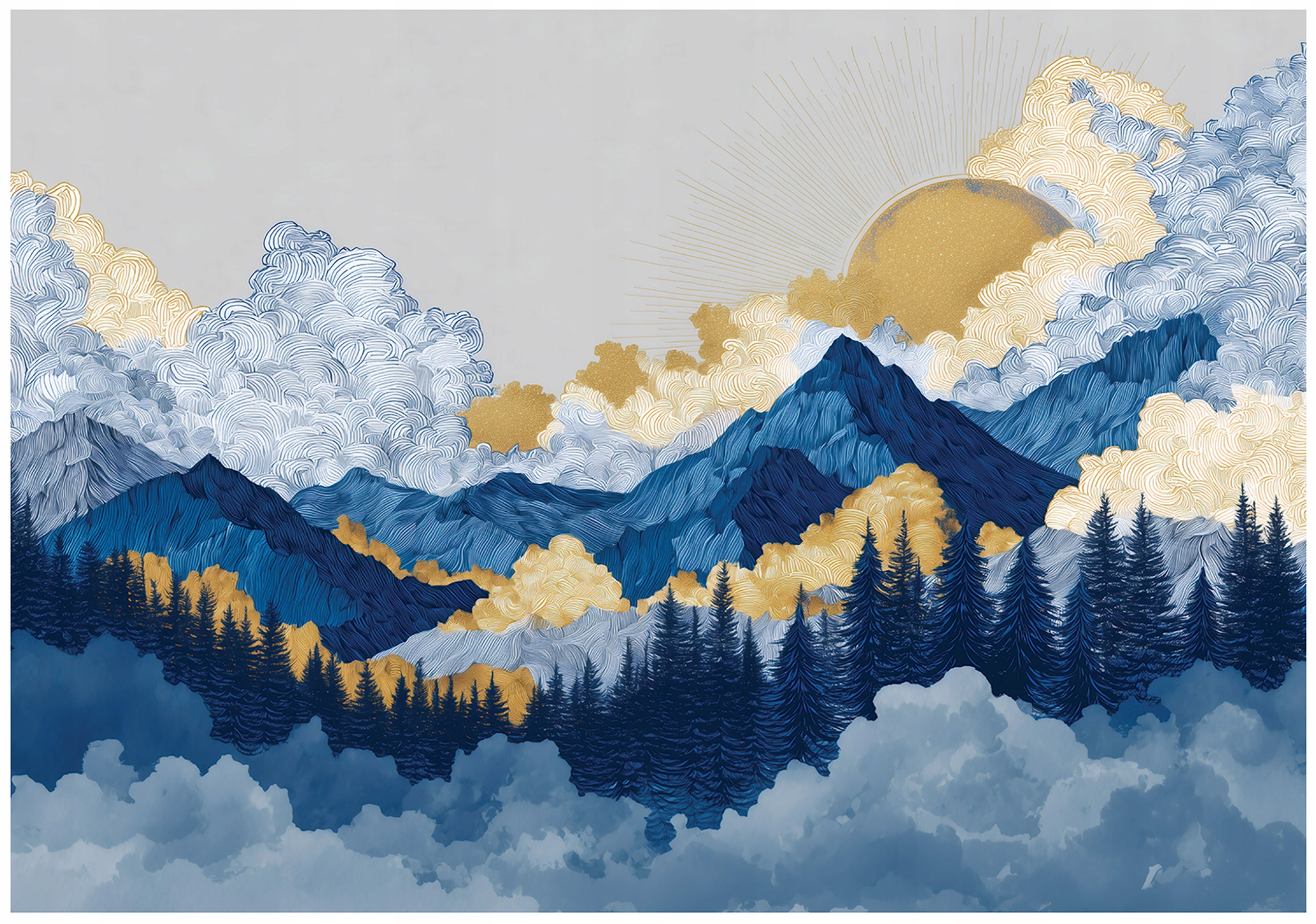 Fototapeta Hory Les Akvarel Modrá Zlatá Do Dětského Pokoje 350x250