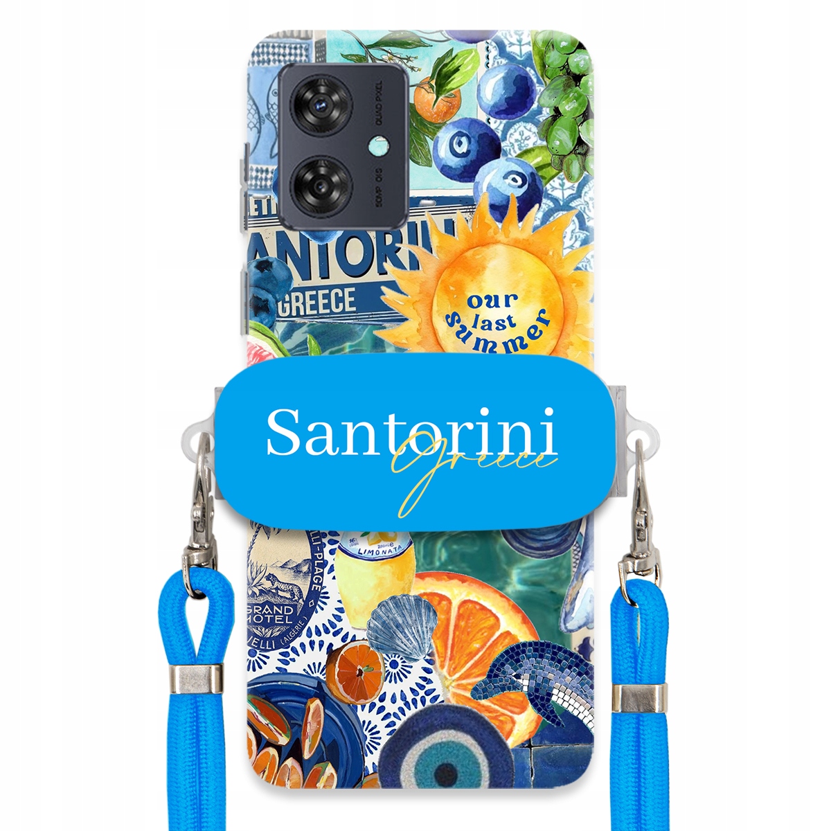 Puzdro pre Motorola G54 5G Modré Crossbody vodítko držiak Santorini Greece