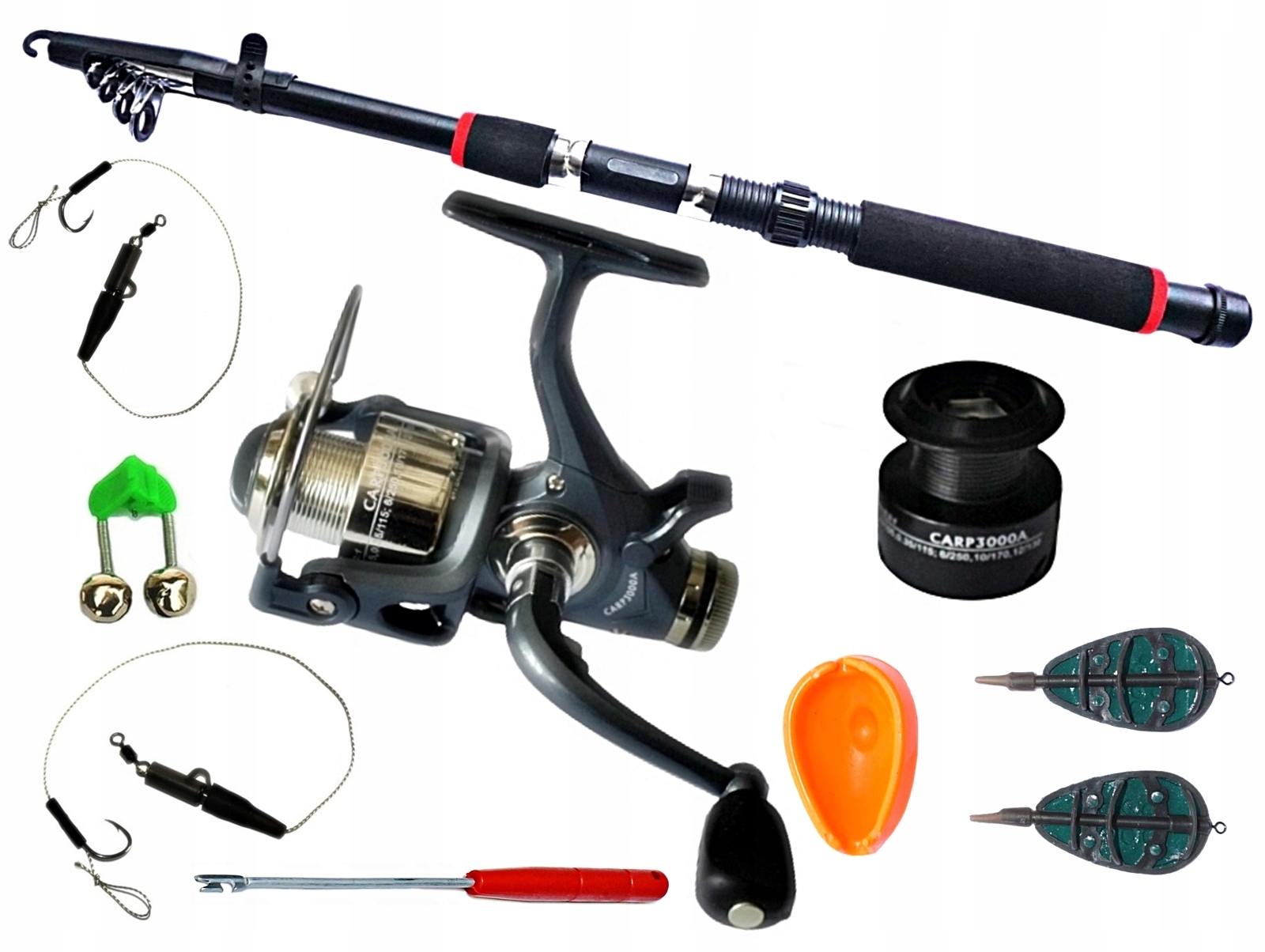 WĘDKA GRUNTOWA MYSTERY 240 + CARP 3000 WOLNY BIEG + AKCESORIA.
