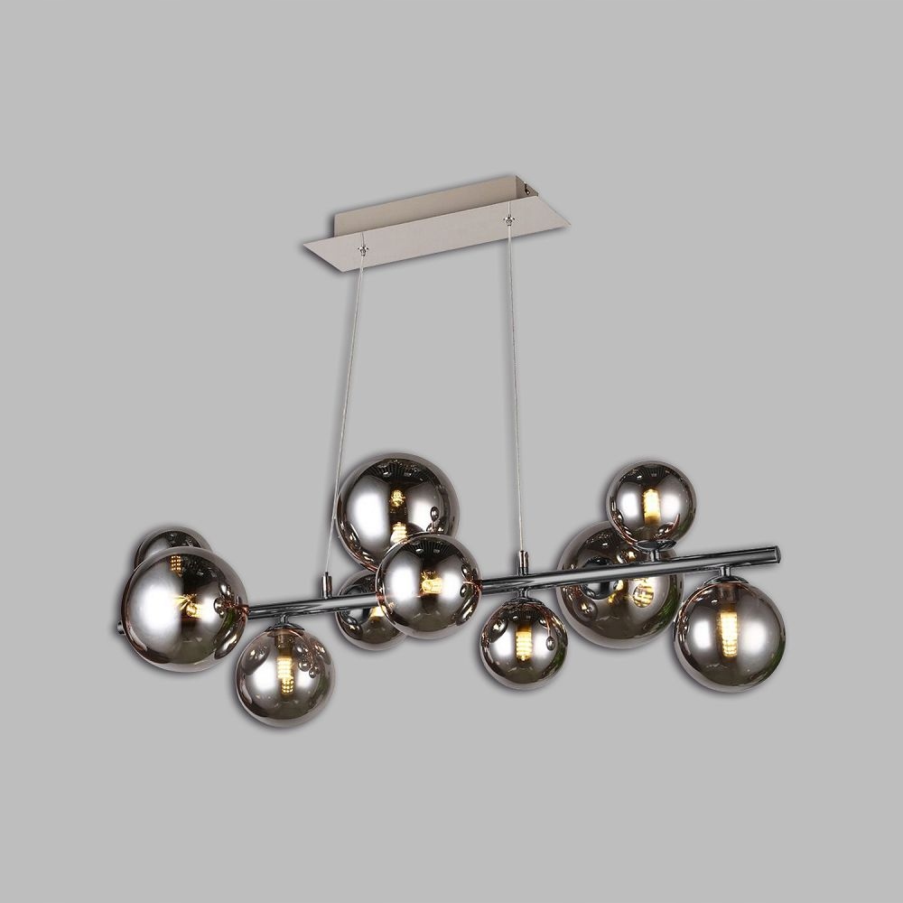 Závěsná lampa s dekorativními koulemi, kouřové stínidlo do jídelny Sevilla, chrom