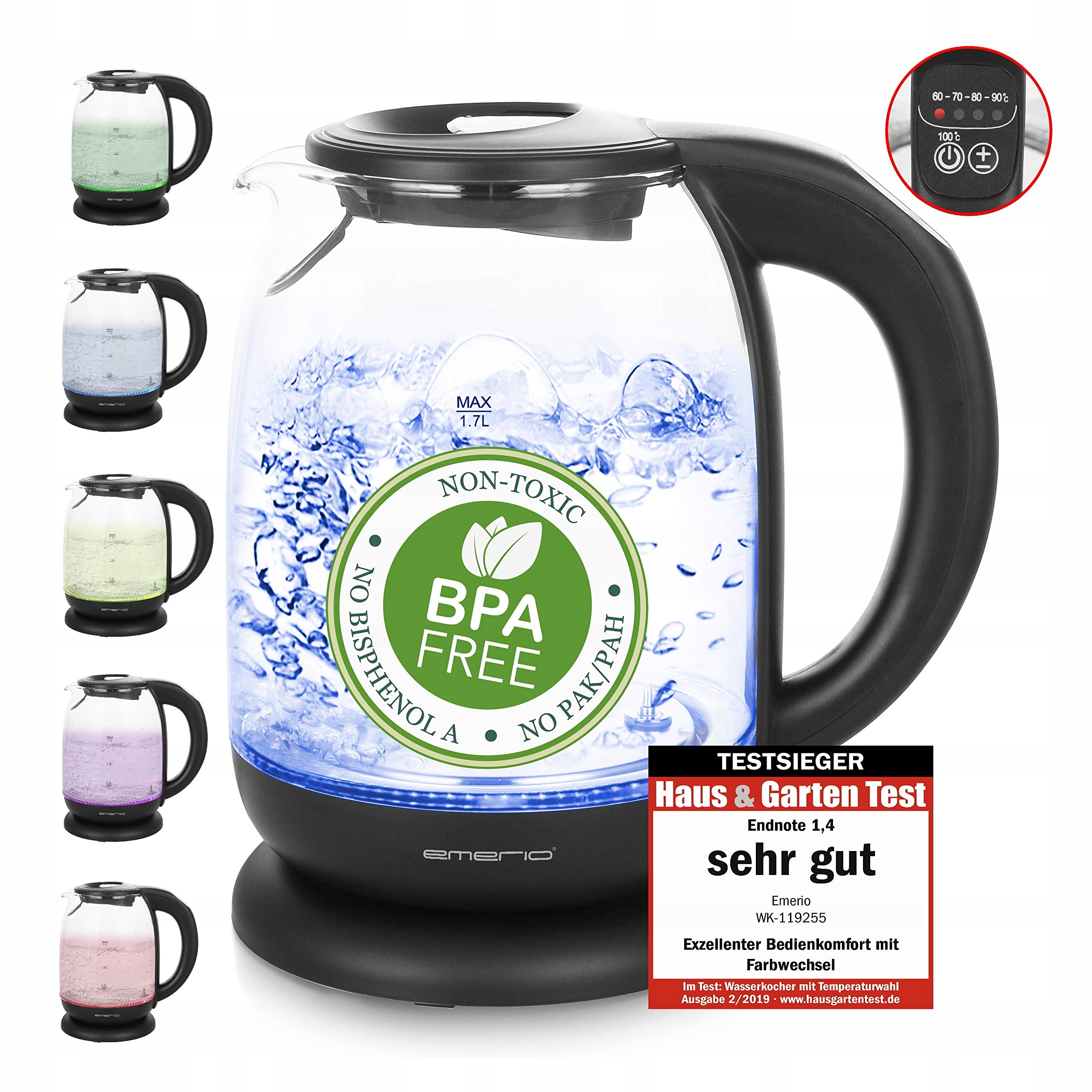 EMERIO Czajnik Szklany Borokrzemowy Z Regulacją Temperatury 2200W — miniatura 7