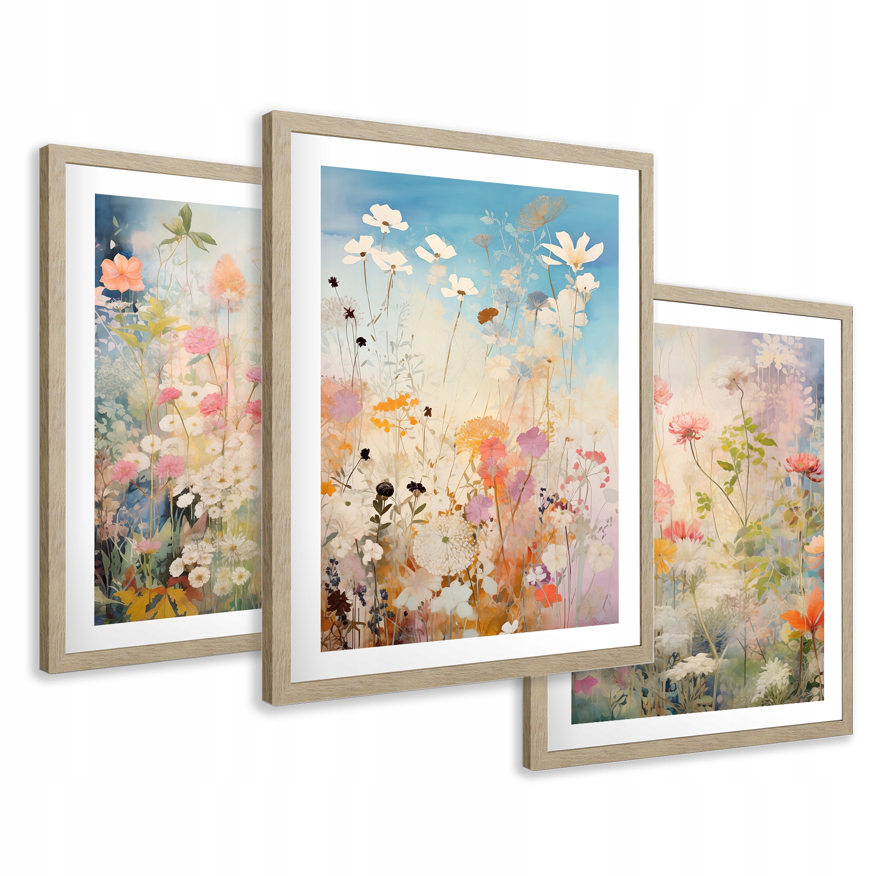 Zestaw Obrazy w ramie plakaty kwiaty łąka akwarela boho tryptyk 53x129