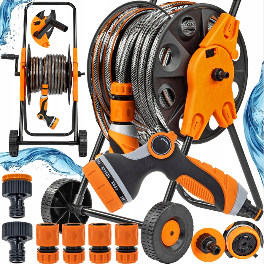 Wózek Ogrodowy Na Wąż 20 M Bęben Zwijacz Zestaw Z Wężem 1/2" Stojak Solidny