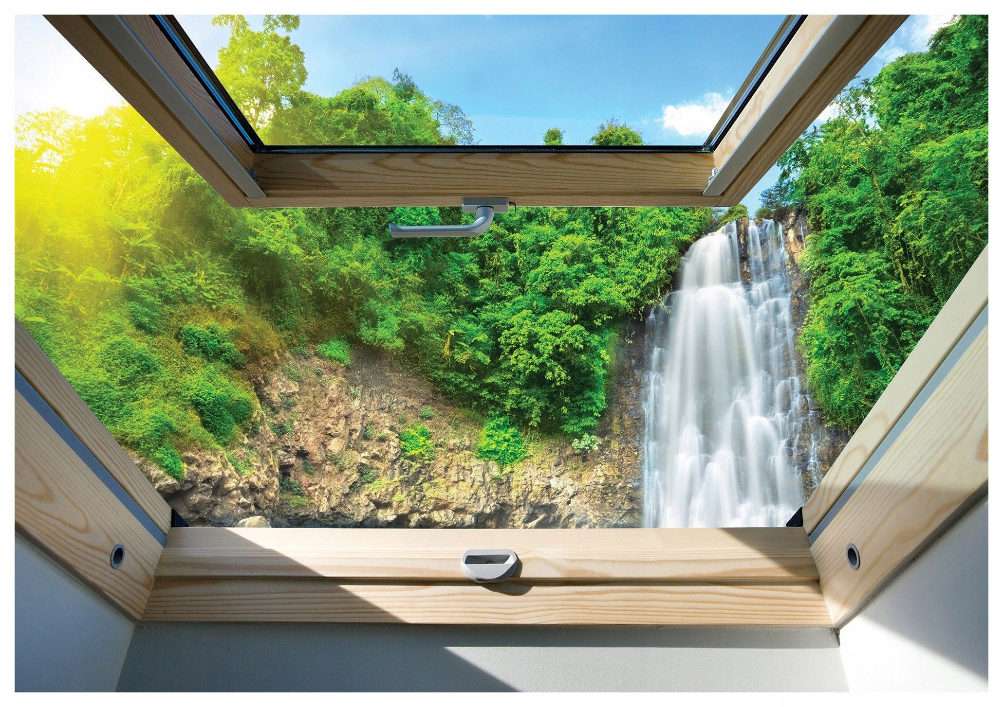 Fototapeta Okno na modrú oblohu s vodopádom a zeleňou 312x219 lepidlo