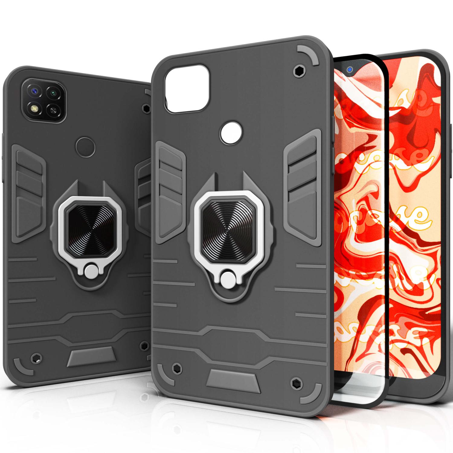 Etui Pancerne Do Xiaomi Redmi 9C Czarne Obudowa Armor Holder Ring Szkło