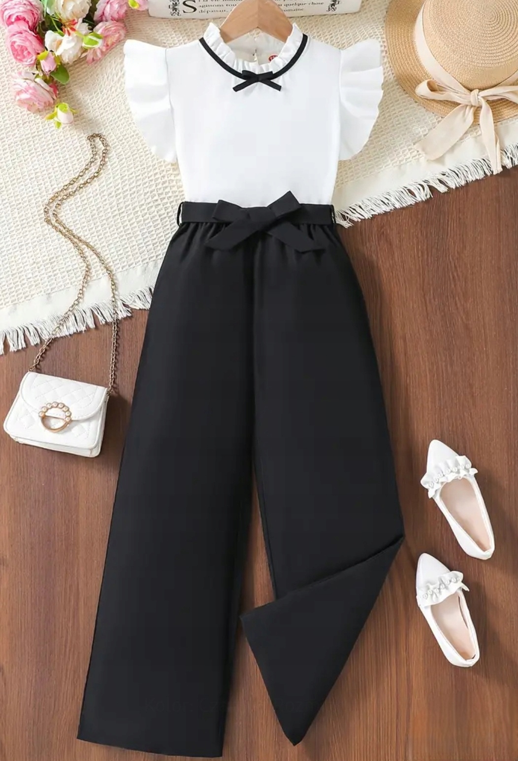 Zestaw elegancki 146 spodnie czarne proste dla dziewczynki biała bluzka Wiek dziecka 12 lat +
