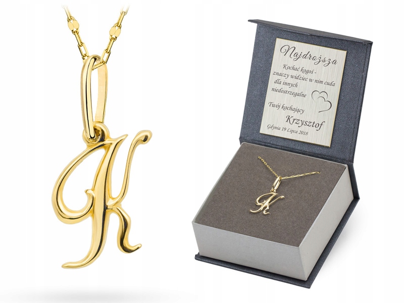 Zlatý Řetízek Náhrdelník pr. 585 Přívěsek Písmenko K 40 cm Gravírování