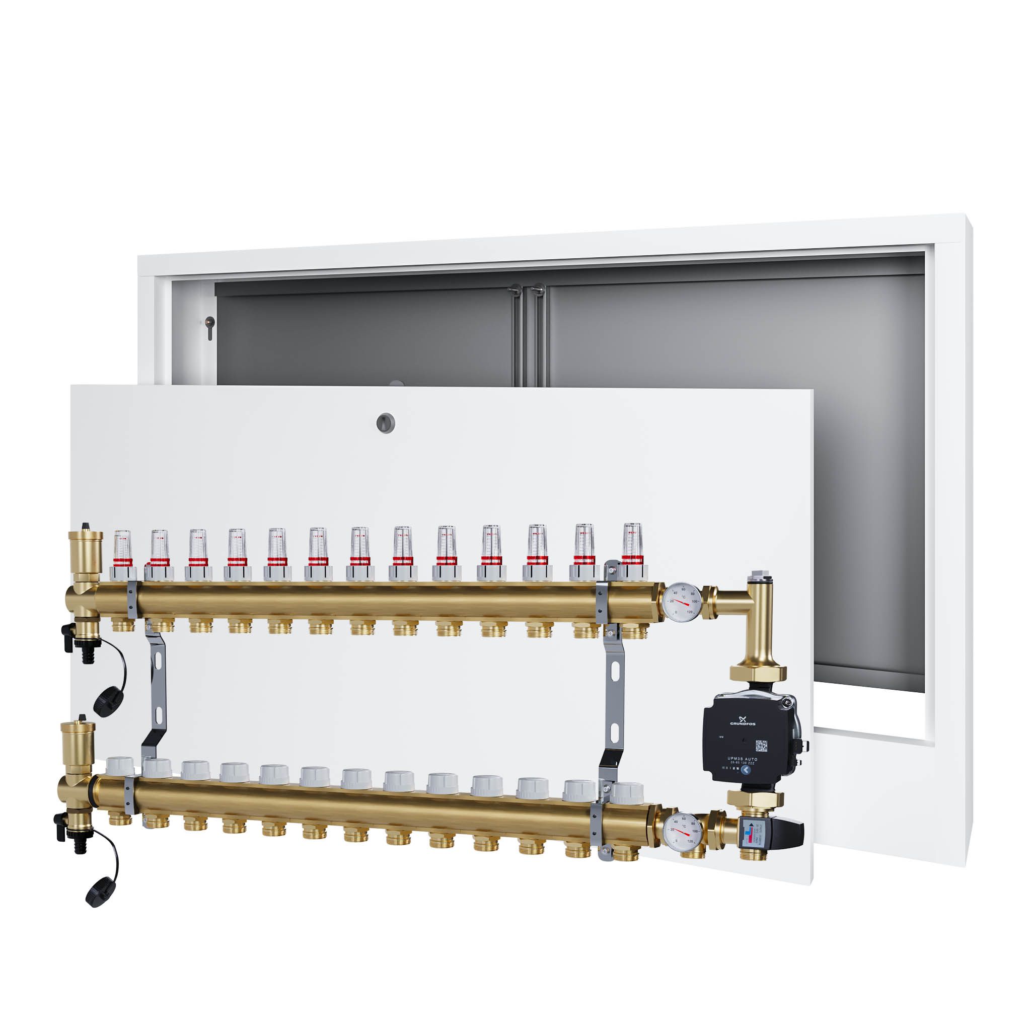Rozdělovač pro podlahovku 13 s čerpací skupinou Grundfos nástěnná skříňka