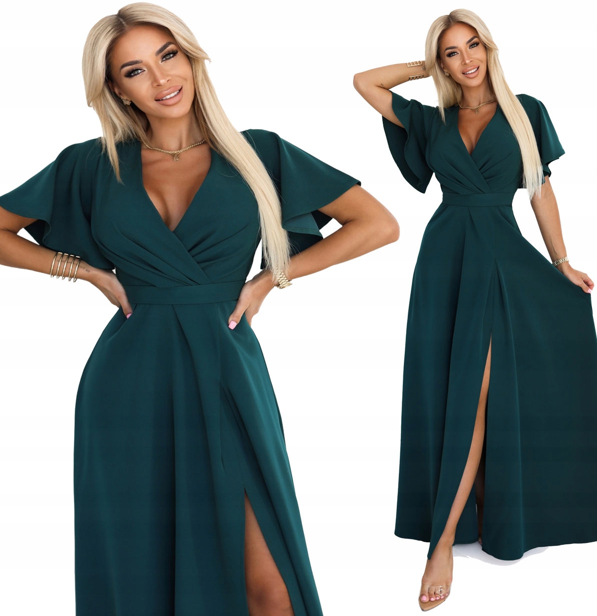 Elegantní Večerní Šaty S Výstřihem Na Noze A Rukávkem Zeleň M
