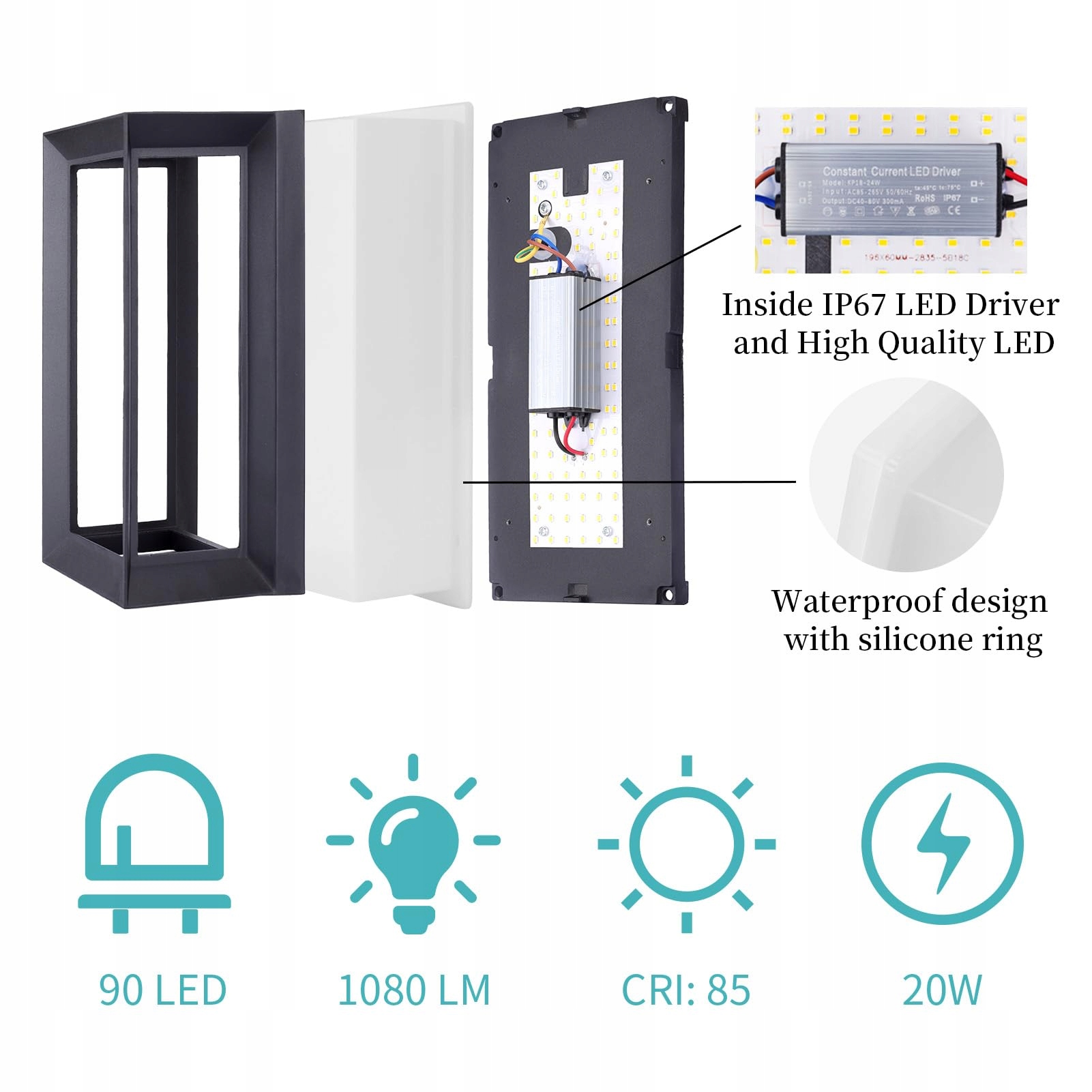 KLIGHTEN 20W Lampa Ścienna Zewnętrzna IP65 1080 Lumenów 3000K — miniatura 2