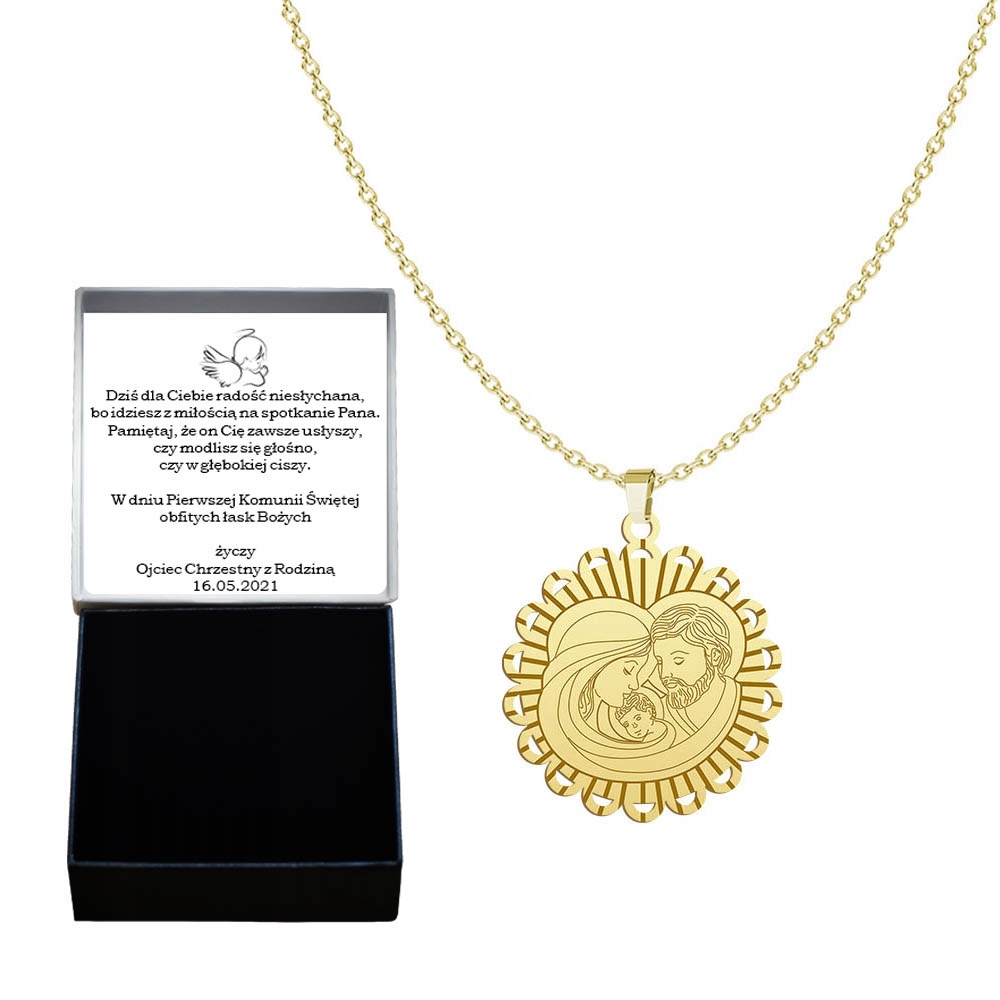 Zlatý Řetízek s medailonem Svatá rodina Stříbro 925 Dárek Gravírování