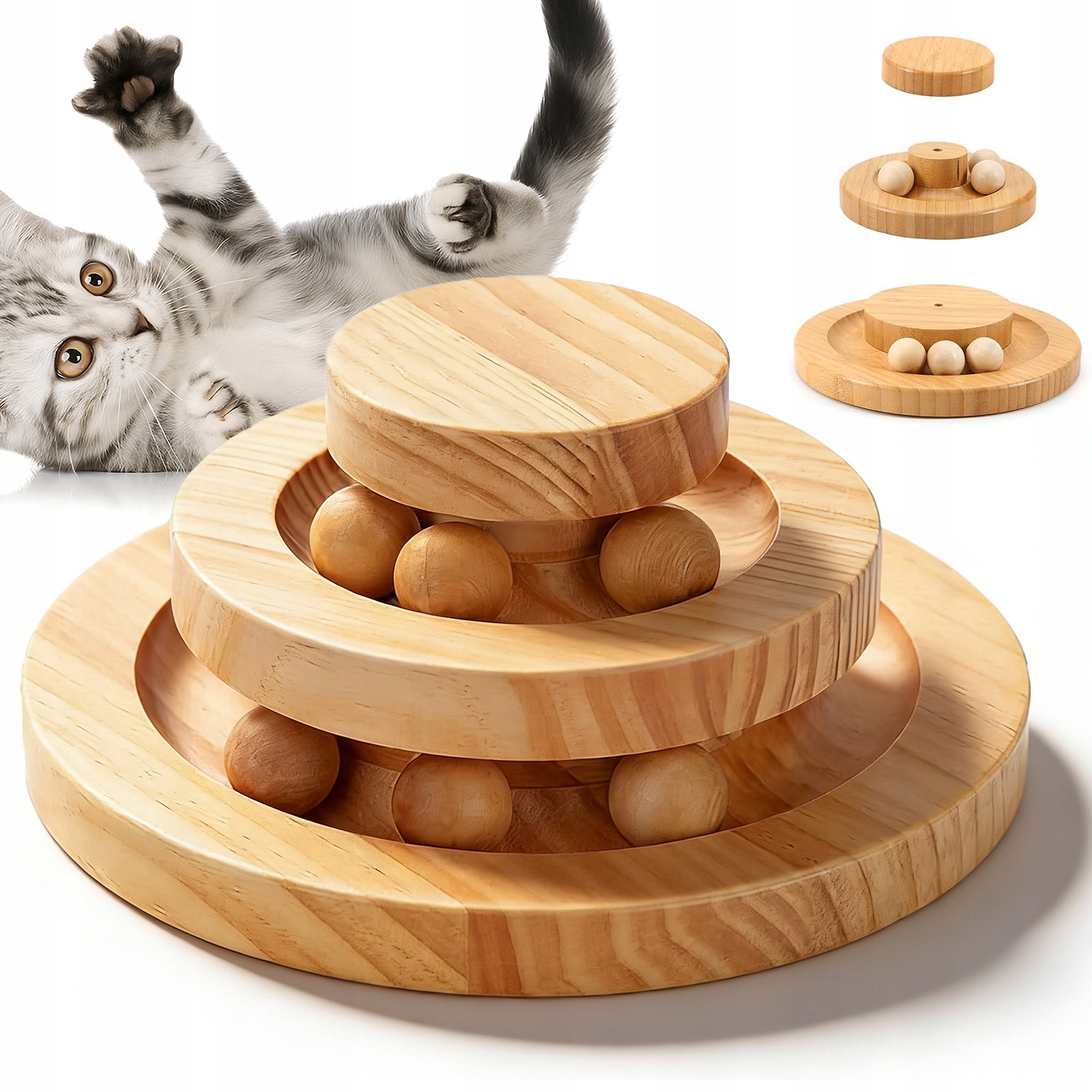 Levně Dřevěná Interaktivní Hračka Pro Kočky S Dvouvrstvou Pro Hraní S Míčky