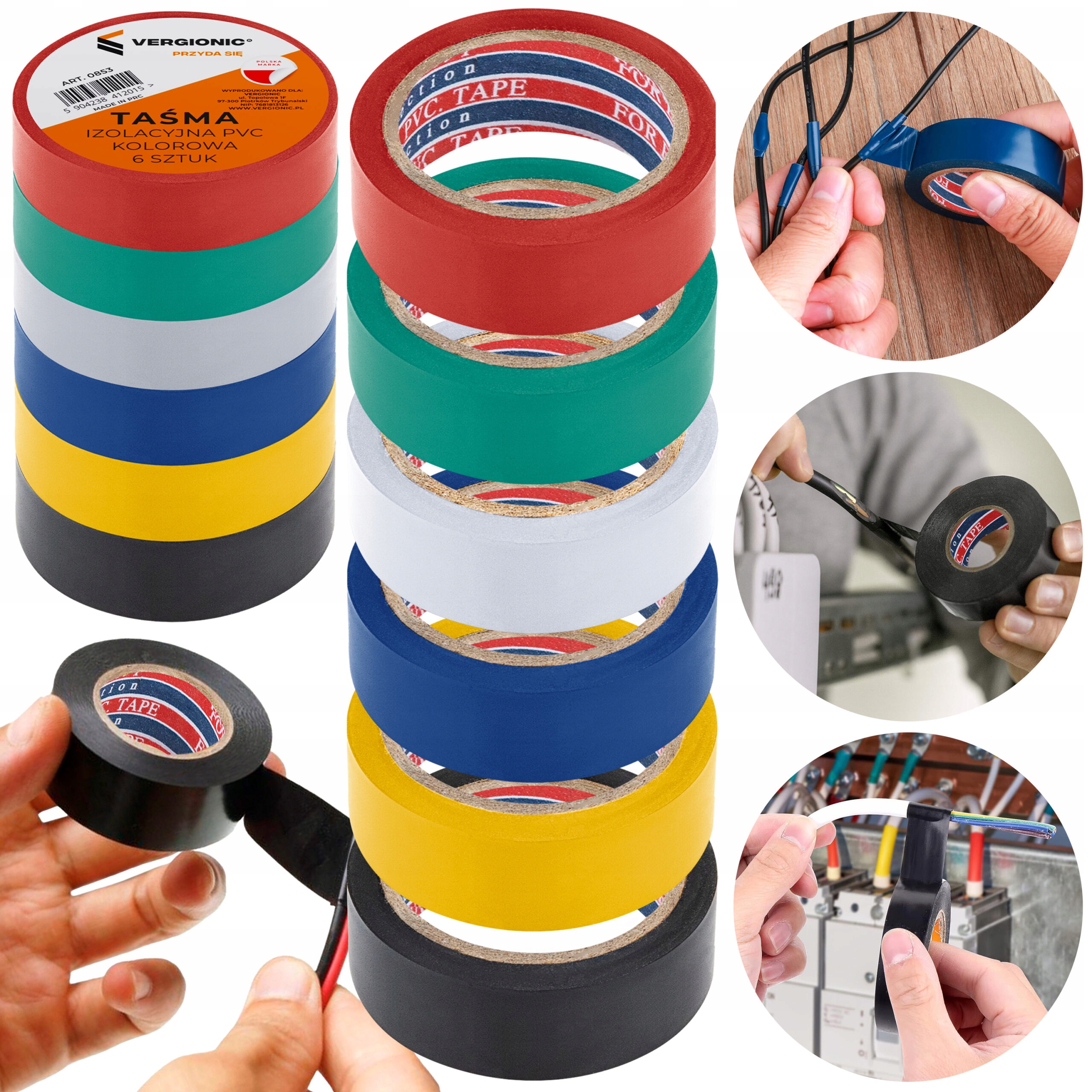 TAŚMA IZOLACYJNA PCV DO KABLI PRZEWODÓW ELASTYCZNA WODOODPORNA MOCNA 6SZT
