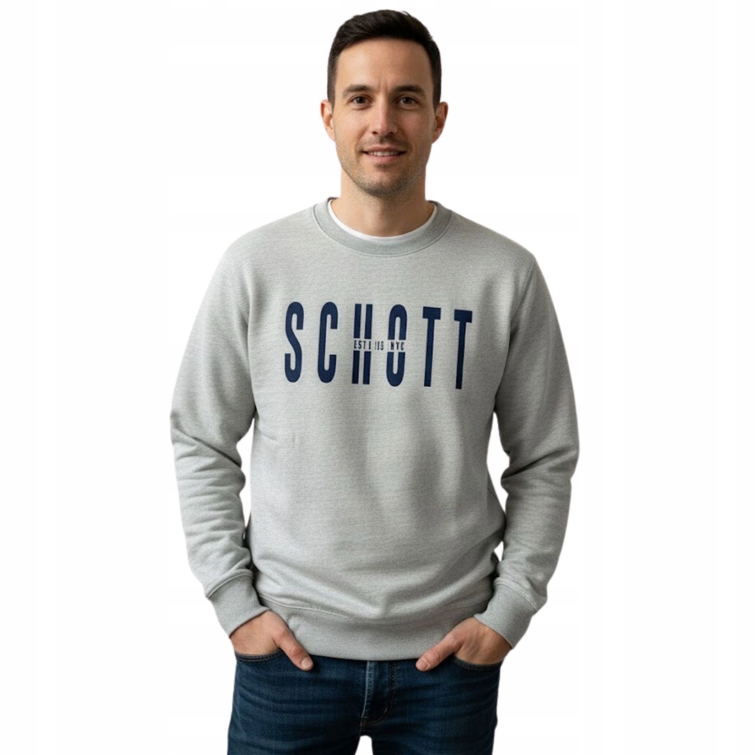 Pánská mikina Schott šedá sportovní s potiskem a dlouhým rukávem, klasická, velikost S