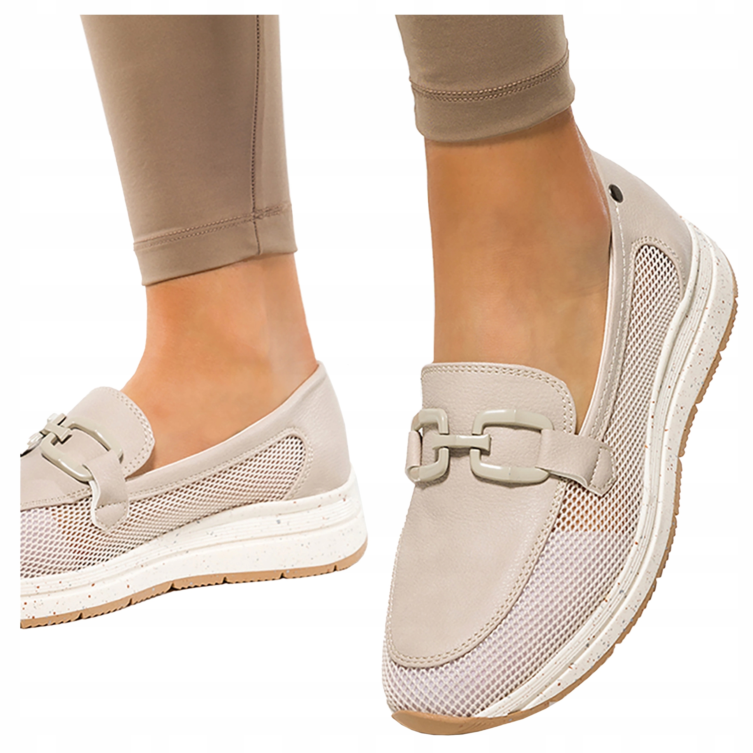 Béžové Mokasíny Dámské ažurové nazouvací Polobotky na platformě s ozdobou, velikost 41