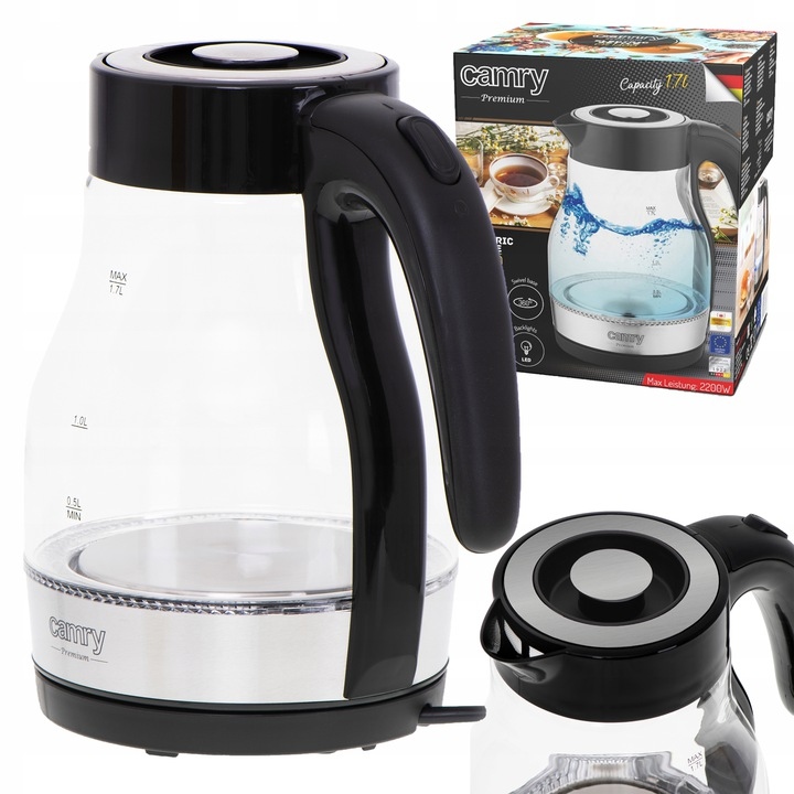 Bezdrátová Rychlovarná Konvice Skleněná Led 1,7 L