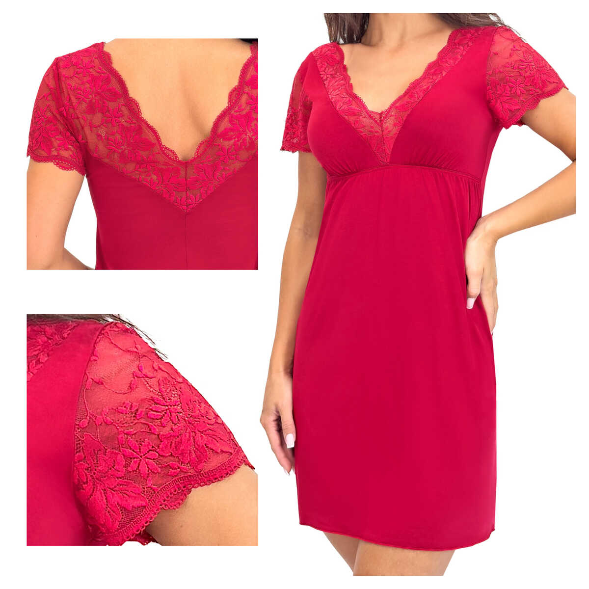 Donna Košile noční z viskózy s krajkou a rukávky Sonia bordó S