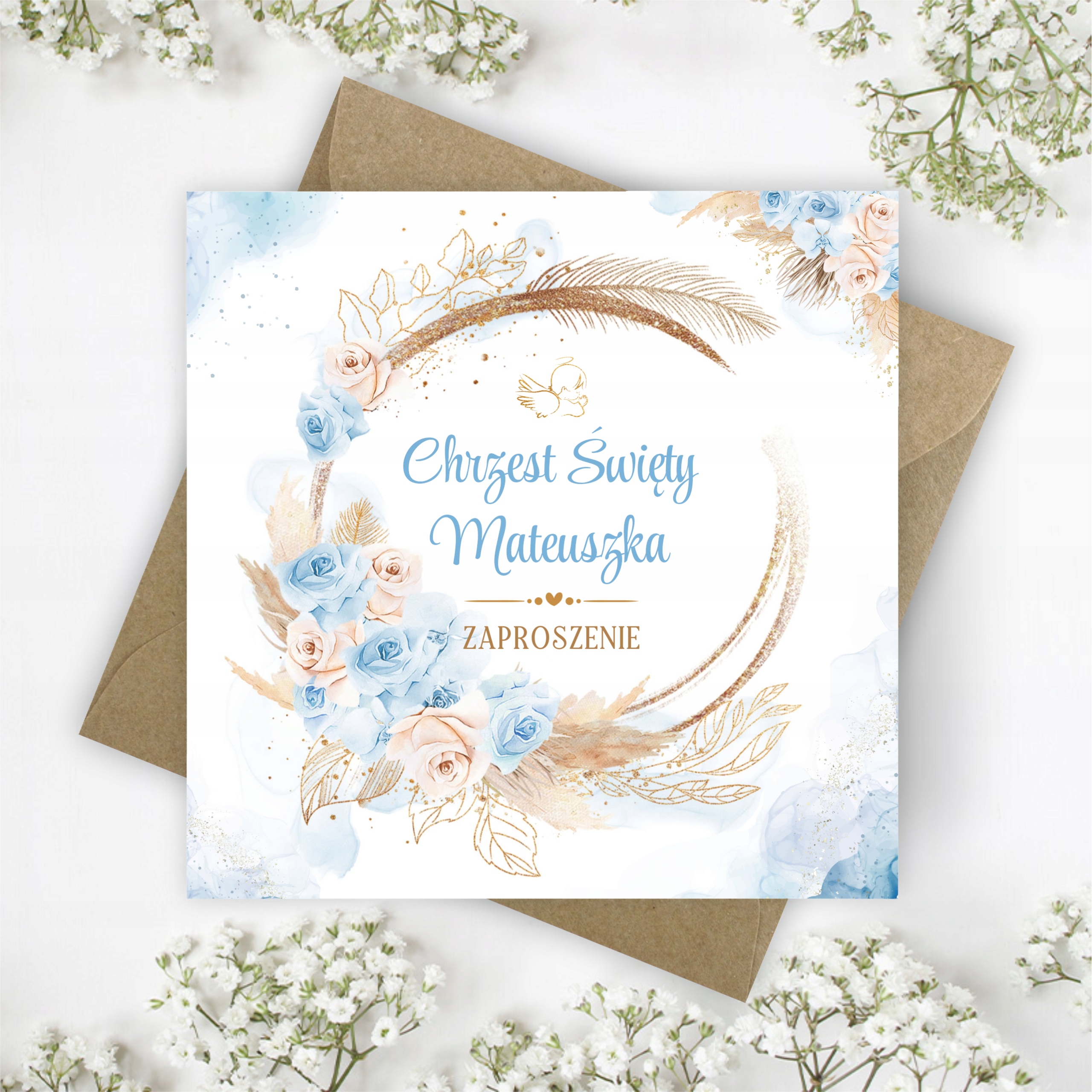 ZAPROSZENIA NA CHRZEST BOHO + IMIĘ + KOPERTA Szerokość produktu 14 cm