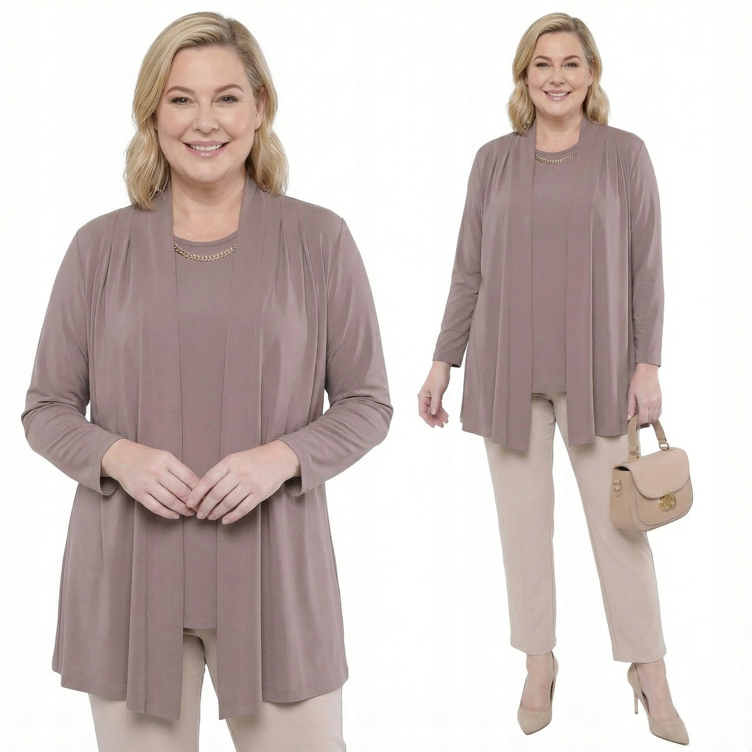 Béžová tunika s kardiganem a ozdobou plus size velikost 54