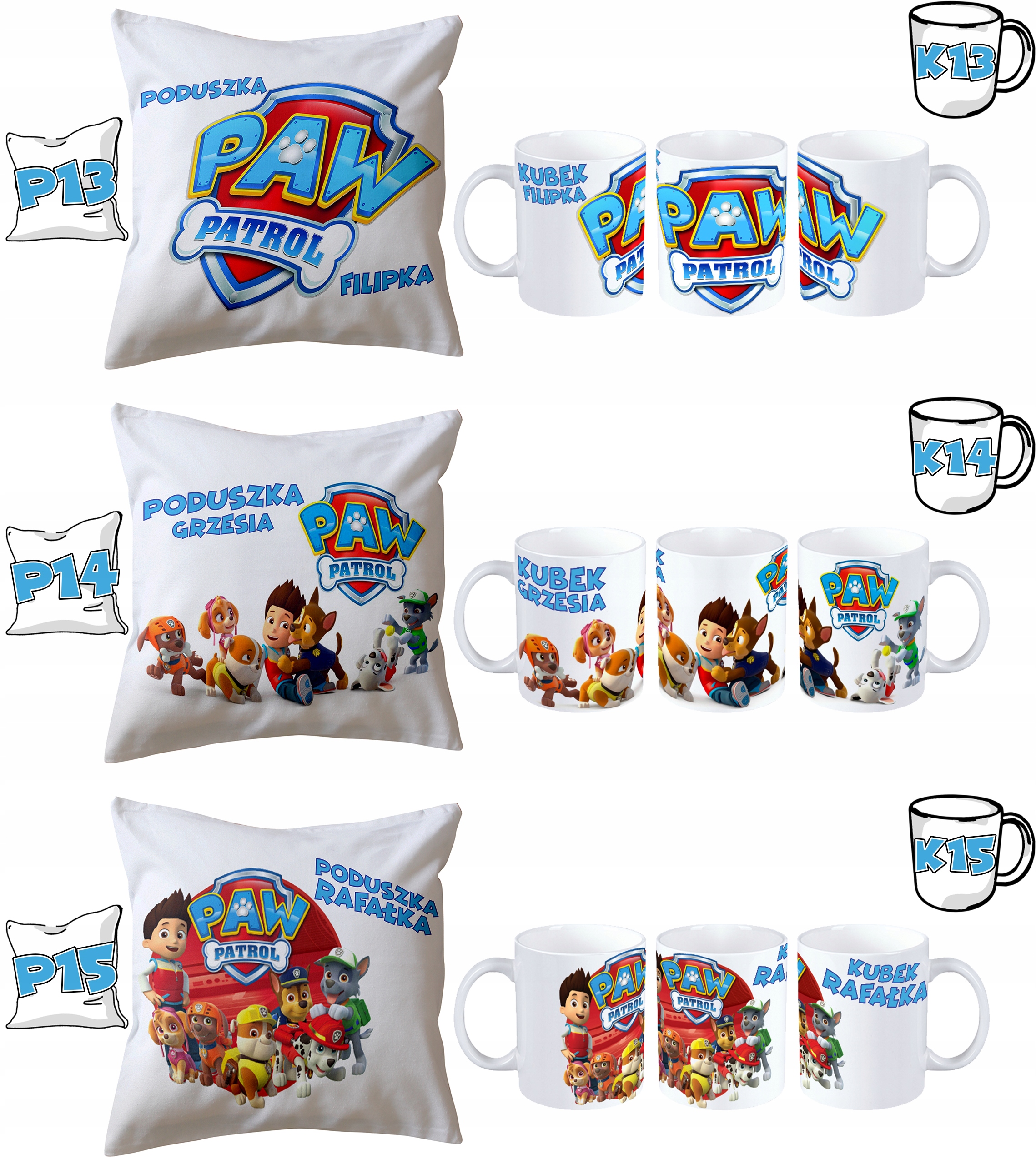 ZESTAW KUBEK PODUSZKA PSI PATROL TWOJE IMIĘ ŚWIĘTA Bohater Psi Patrol