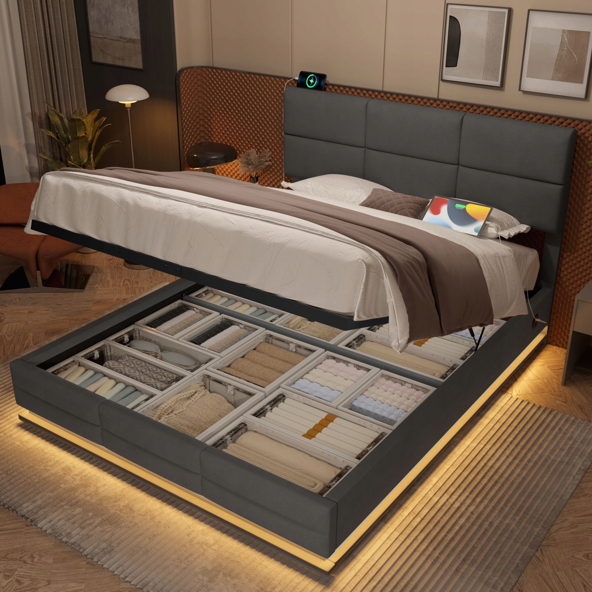 Čalouněná postel Dvojlůžko USB/TypC Led 140x200 cm Hydraulicky šedá