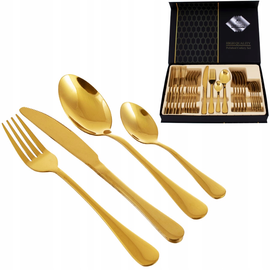 

Ekskluzywne złote sztućce zestaw 24 sztuk Połysk