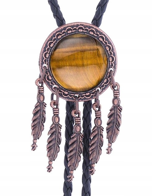 Bolo kravata westernová s kamenem Tygří oko s peříčky, zadní strana, přírodní kůže