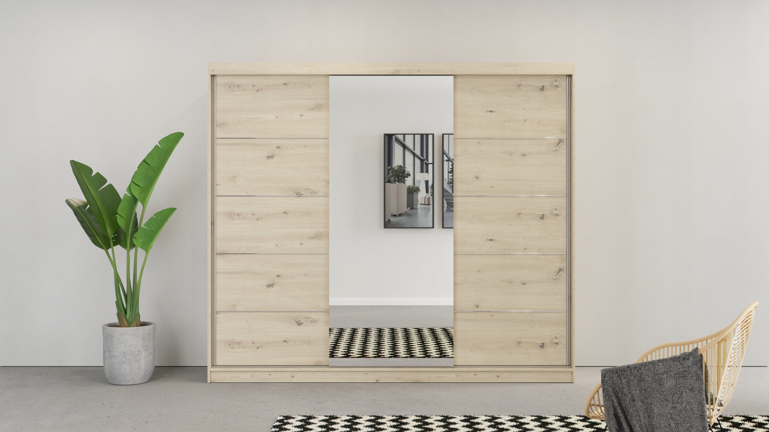 Szafa Przesuwna Trzydrzwiowa IDEA 3D 200 lustro półki szuflady wieszak Wysokość mebla 218 cm