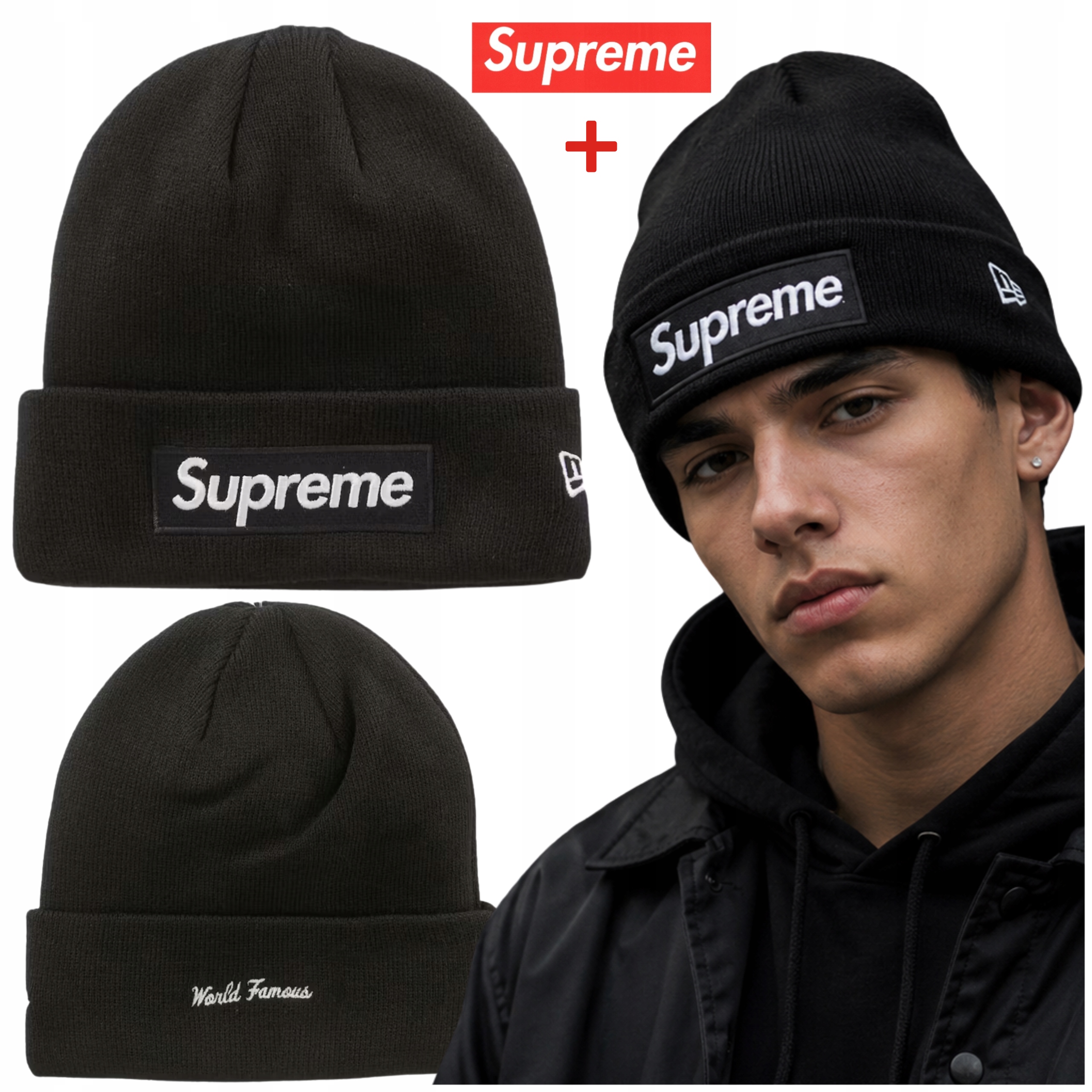 Supreme New Era krabička s logem beanie černá nálepka Supreme Bonus
