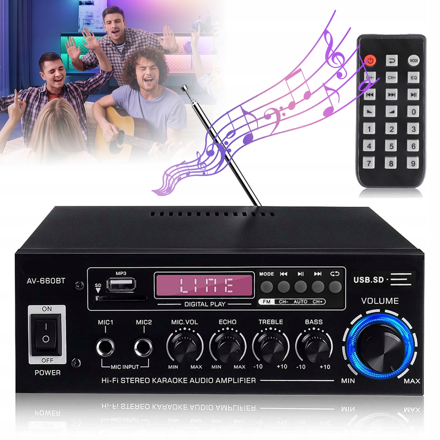 Zesilovač Audio Stereo Přijímač Bluetooth Fm Rádio MP3 Výkonný Karaoke