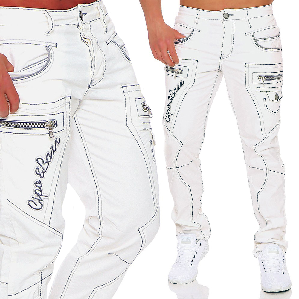 Pánské džíny Cipo Baxx bílé rovné s prošívacími zipy